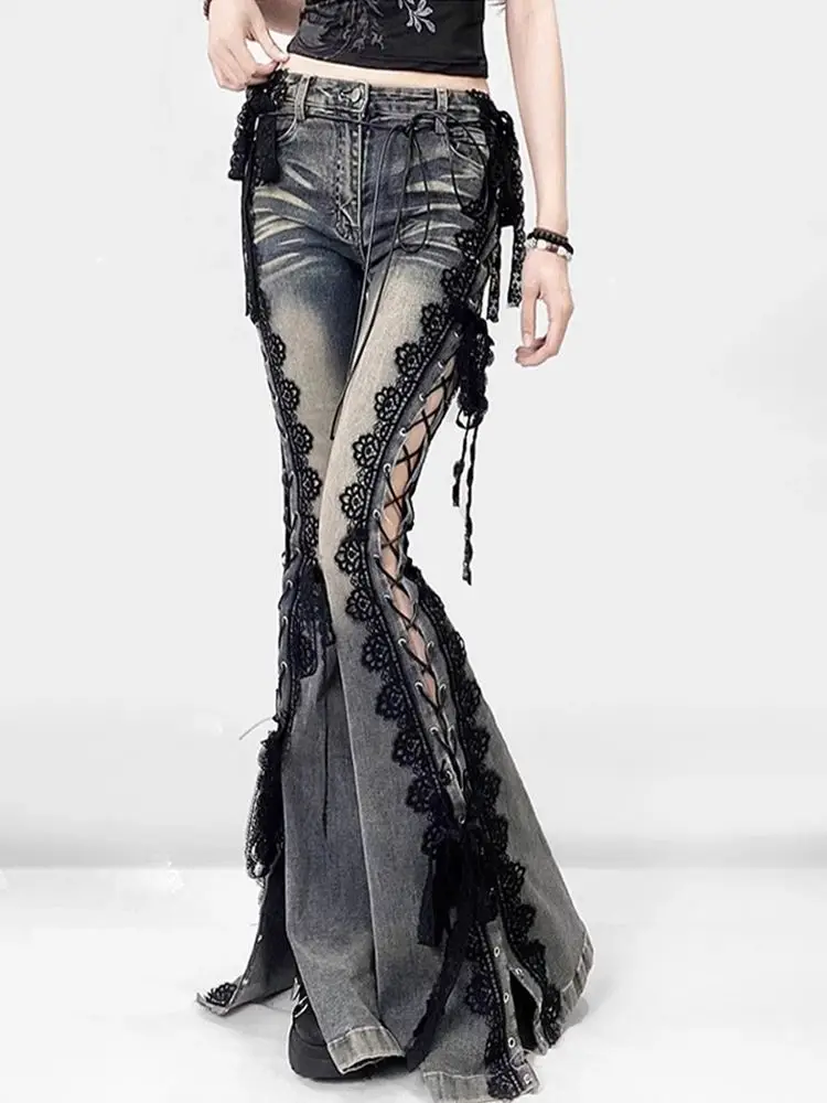 

Sexy Low Rise Split Bootcut Pants Women Spring Eyelets Lace Up Flare Jeans Y2k Retro Stitch Lace Slim Bell Bottoms Streetwear