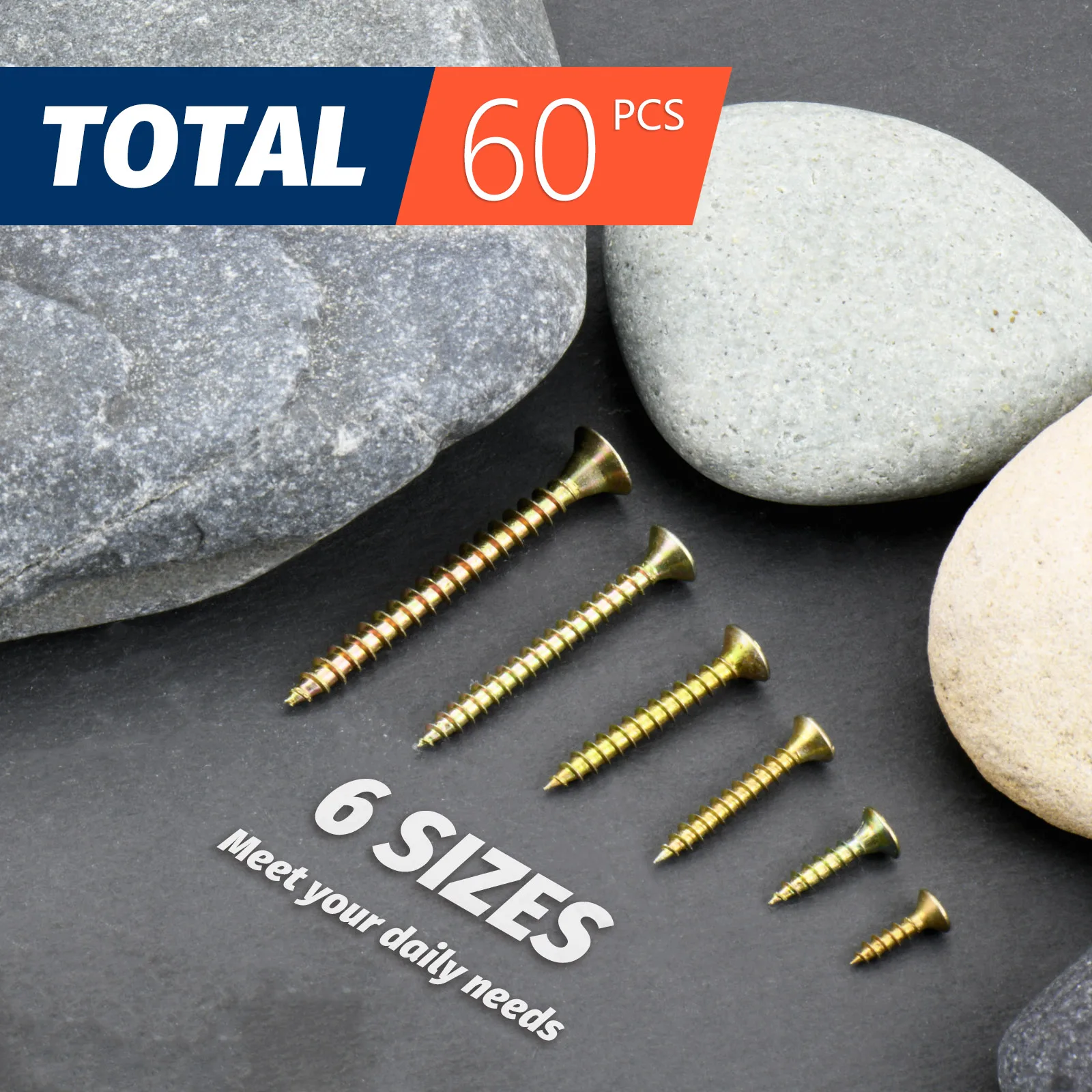 High Hardness Wood Screws Assortment Kit 60 Pcs Phillips Drive Flat Head Coarse Thread Screws Assortment Screw Set (6 Sizes)