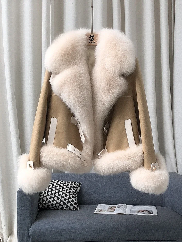 Fur Coat Women\'s Short High-End Fox Fur Autumn and Winter New Lotus Leaf Collar Goose down Mixed Fur Collar down Warm Jacket 1Pc