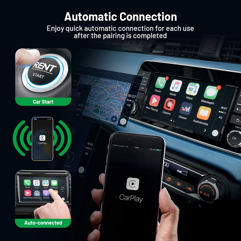 Adaptador carplay sem fio converte com fio para sem fio se encaixa para carros audi toyota mazda nissan chevrolet fácil uso conexão estável