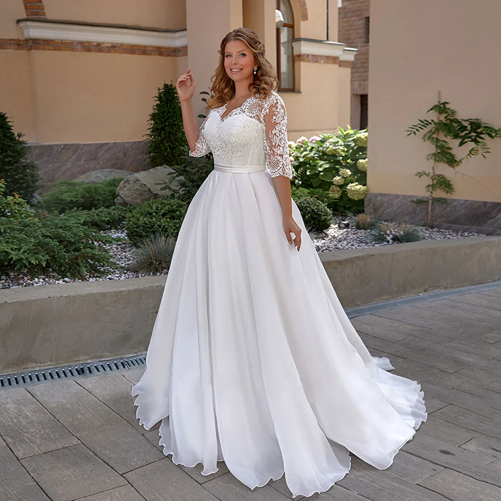 Vestido De novia De Organza con media manga y cuello De pico, vestido De novia De talla grande, con apliques, línea A