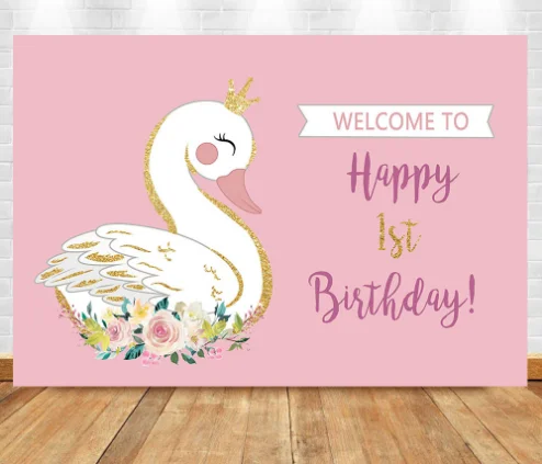 7x5FT Princess Pink Girl Happy One Birthday Swan Custom Outdoor Weatherproof Photo Background Wrinkle Free Polyester Polycotton