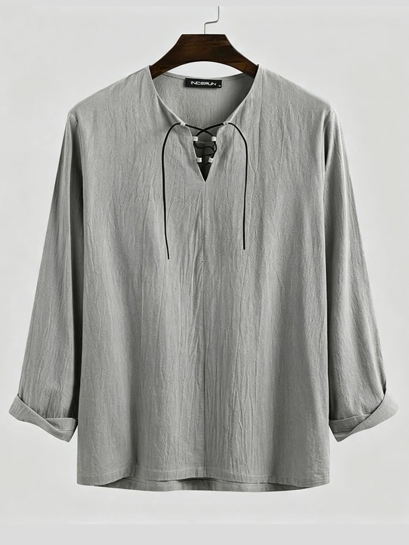 Men's Medieval Pirate Shirt - Historical Renaissance Faire Costume with V-Neck, Lace-Up Collar & Adjustable Drawstring