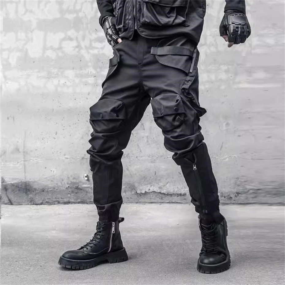 Men Y2K Cargo Pants Zipper Pocket Tactical Techwear Ninja Jogger Pants Black Fashion Streetwear Pants Punk Sweatpants Trousers