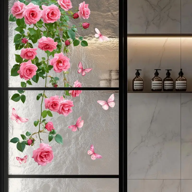 1PC Flower Vine Window Decal Pink Rose Butterfly Design Living Room Wall Sticker Glass Door Wall Decor