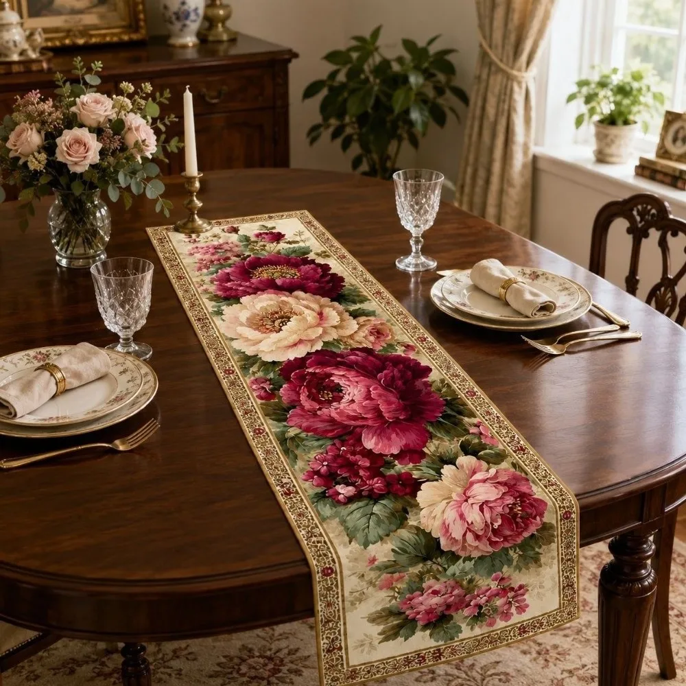 Vintage Flower Printed Table Flag Rectangular Peony Floral Dinning Table Runner Non-slip Stain-resistant