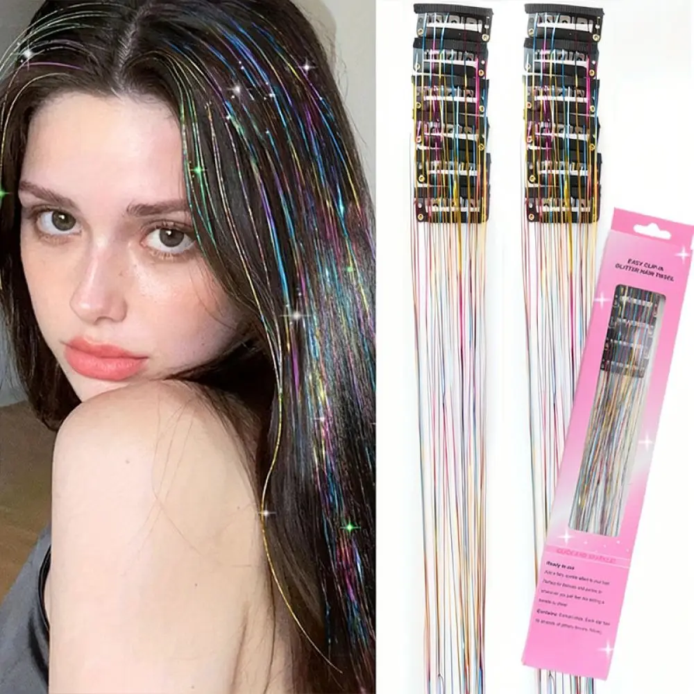 Fashion Tinsel Hair Extensions Clip In Synthetic Hairpiece Shiny Glitter Highlights For Girls Birthday Daily Fashion