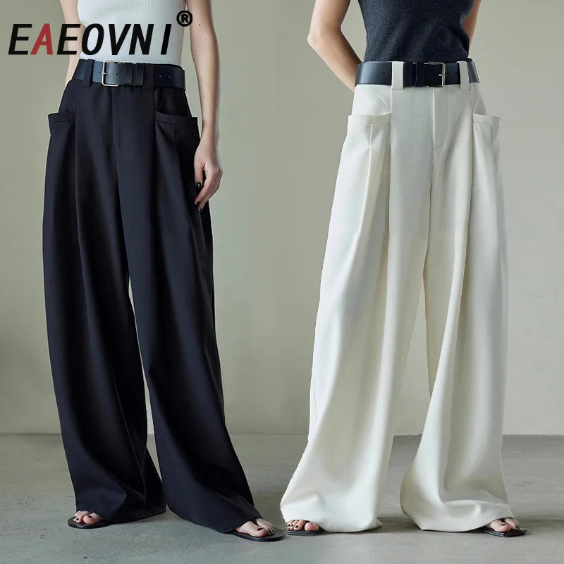 

Элегантные однотонные брюки EAEOVNI для женщин, с высокой талией, складками, свободные, широкие штанины, модные, весна 2026, новая коллекция одежды