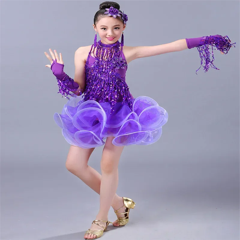 

2025Girls Latin Dancewear Performance Costumes Sequins Tassels Backless Gymnastics Dance Ballroom Stage Outfits Children's Dress