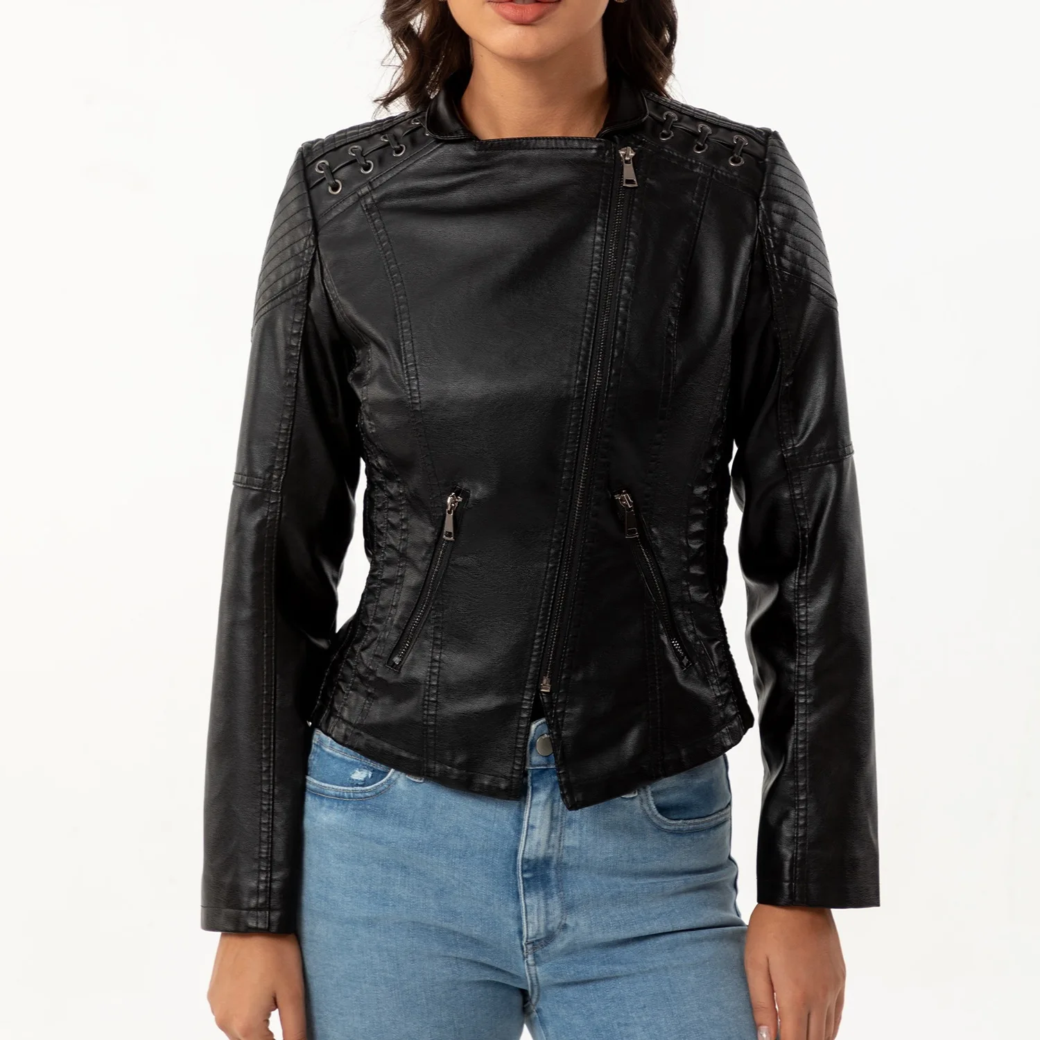 Artificial Autumn Women's Leather Jacket Turn Down Colar Zipper Cinched Waist Slim Outwear For Lady Female's Motorcycle Jacket