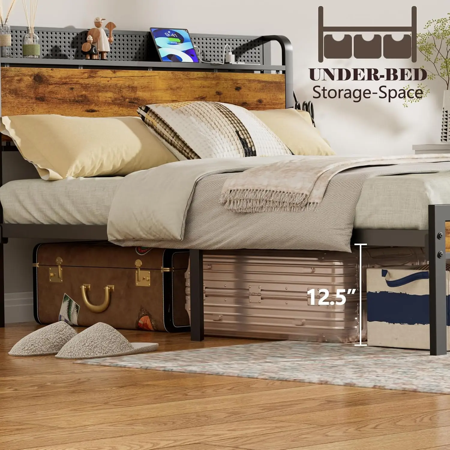 إطار سرير كوين مع لوح أمامي للتخزين، منفذ USB، دعم معدني من الخشب الريفي، لا حاجة إلى صندوق زنبركي