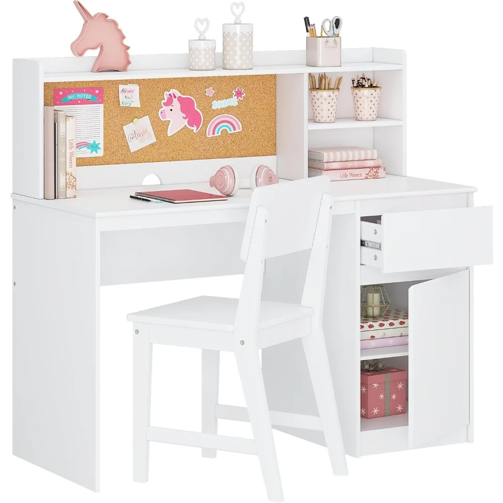 Children's Wooden Study Desk and Chair Set with Storage Hutch and Cabinet