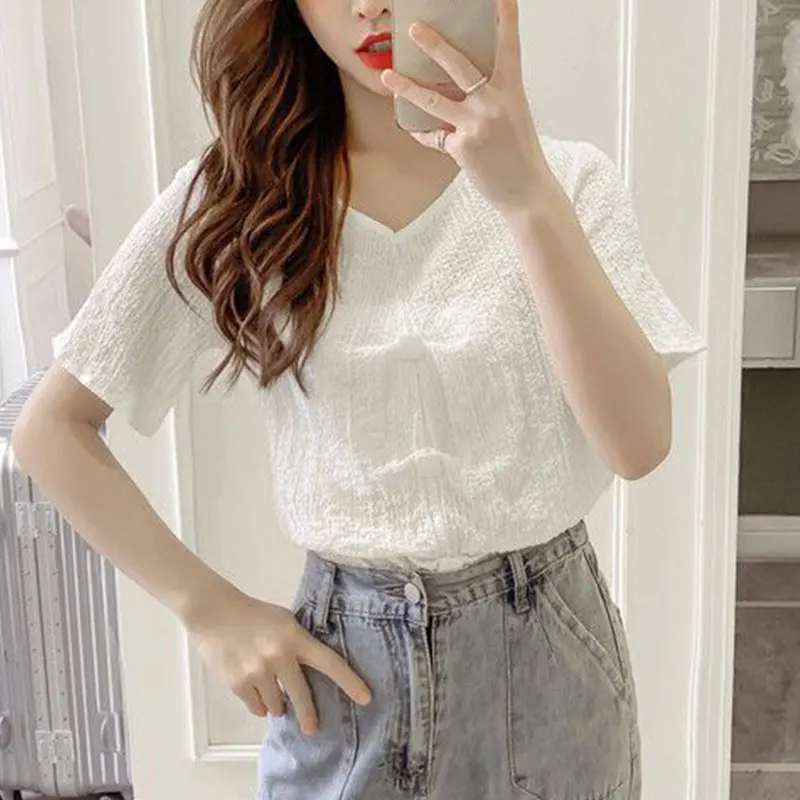 Women\'s Summer Fashion Simplicity Solid Color V-neck Short Sleeve Shirts Women Clothes Office Lady All-match Casual Loose Tops