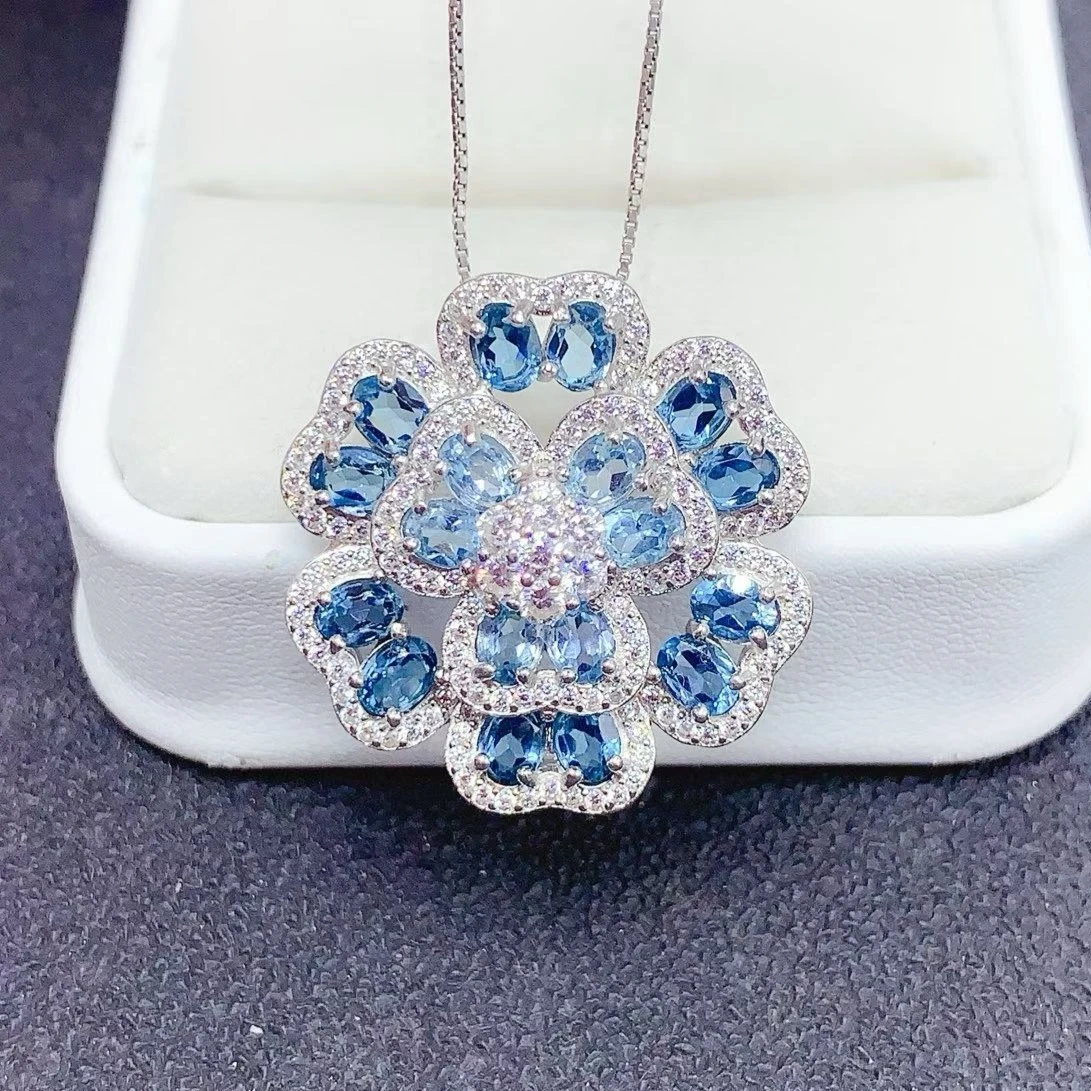 Certified Natural Blue Topaz Pendant 925 Silver Solid Setting Flower Cluster Gemstone Pendant Fine Jewelry for Daily Wear