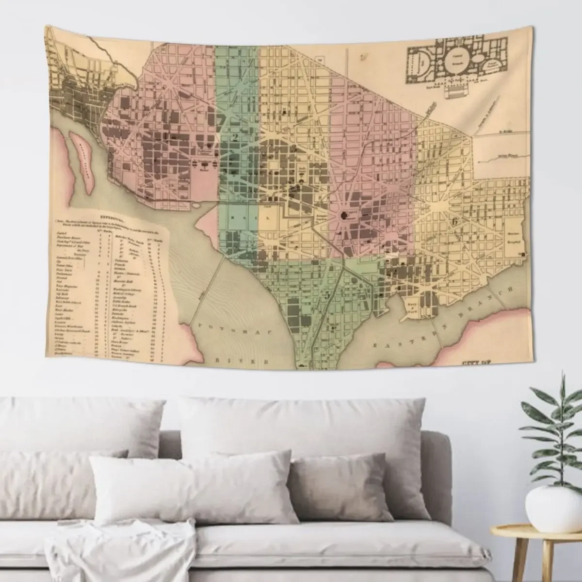 Vintage Map of Washington DC (1836) Tapestry Wall Deco Hanging Wall Tapete For The Wall Nordic Home Decor Tapestry