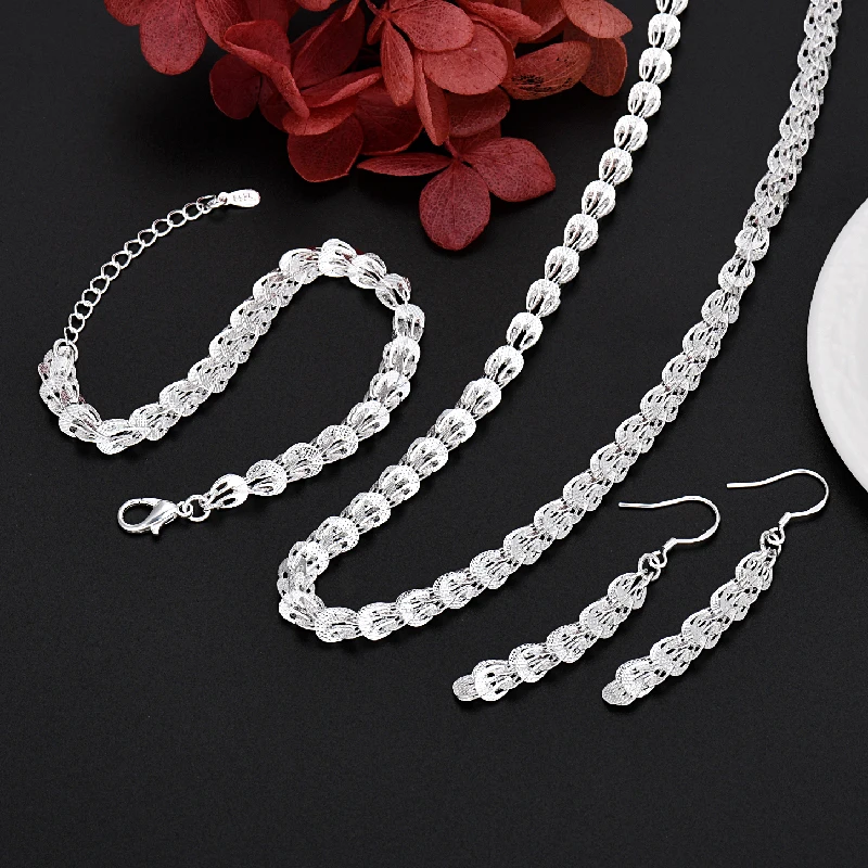 JewelryTop Fine 925 Sterling Silver Charms Earrings Necklace Bracelet Love Jewelry Cute For Women Chain Set Wedding Gift