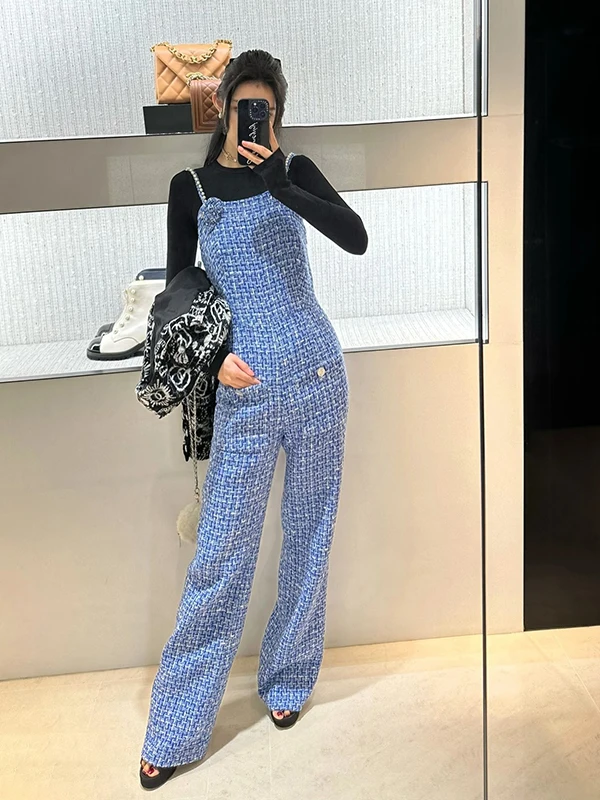 

Beaded Chain Floral 3D Embellied Jumpsuit Slimming Wide Leg Pants High Waist Long Straight Cut Polyester Fabric