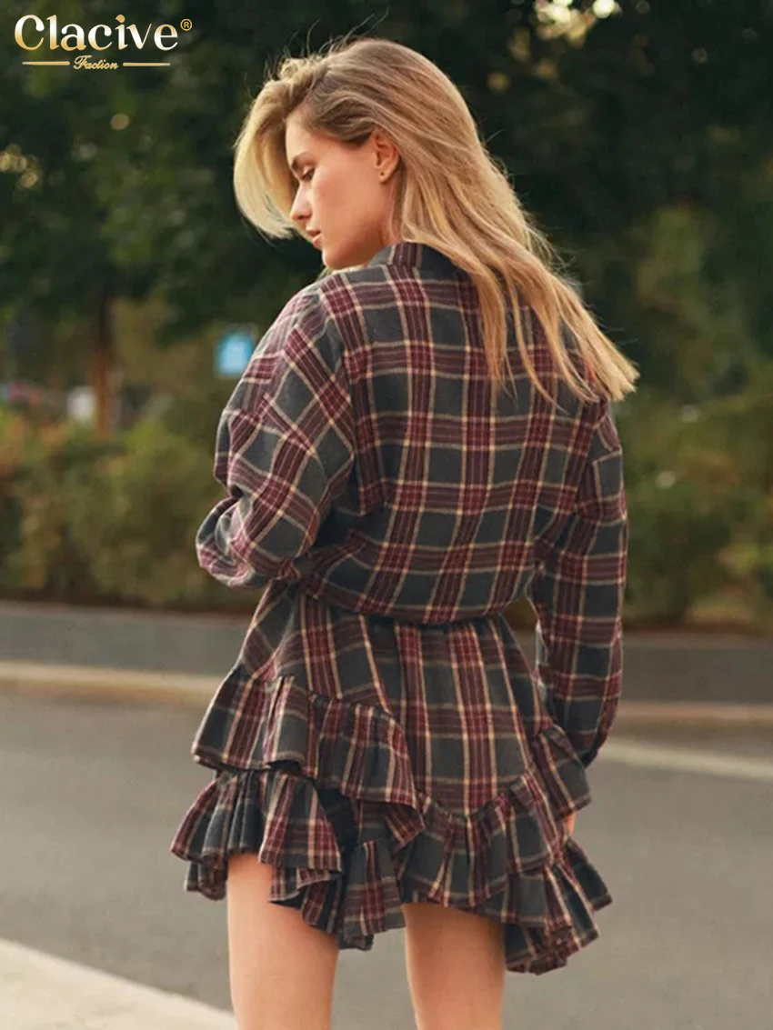 Clacive Fashion Loose Plaid 2 Piece Sets Women Outfit 2025 Elegant Long Sleeve Blouse With High Waist Pleated Mini Skirt Set