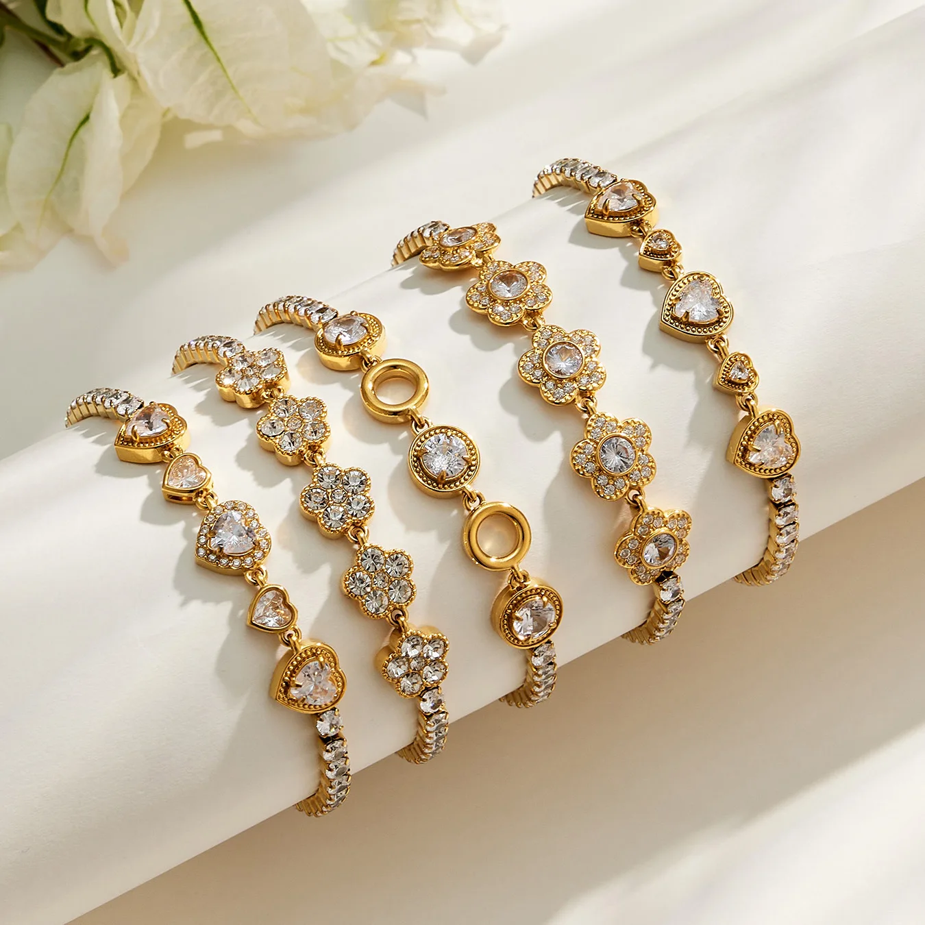 Voller Farbiger CZ-Armreif Tennis-Armbänder Zirkon-Blumen-Armband 18k Vergoldete Edelstahl-Kettenarmbänder für Damen – Detail 12