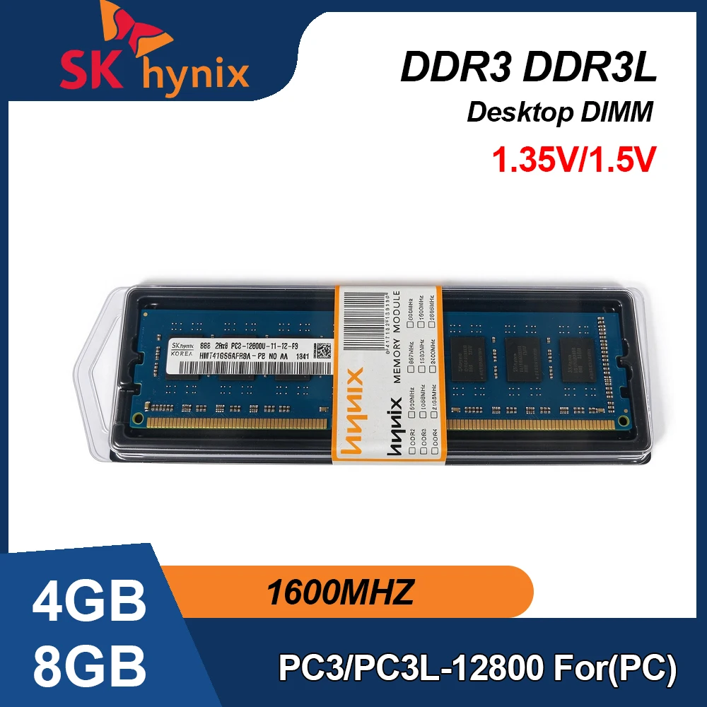 SK Hynix 1600MHz DDR3 DDR3L Desktop RAM 8GB 4GB PC3-12800 1.5V 1.35V 240Pin Non-ECC DIMM For Intel AMD PC Upgrade 1PCS/2PCS