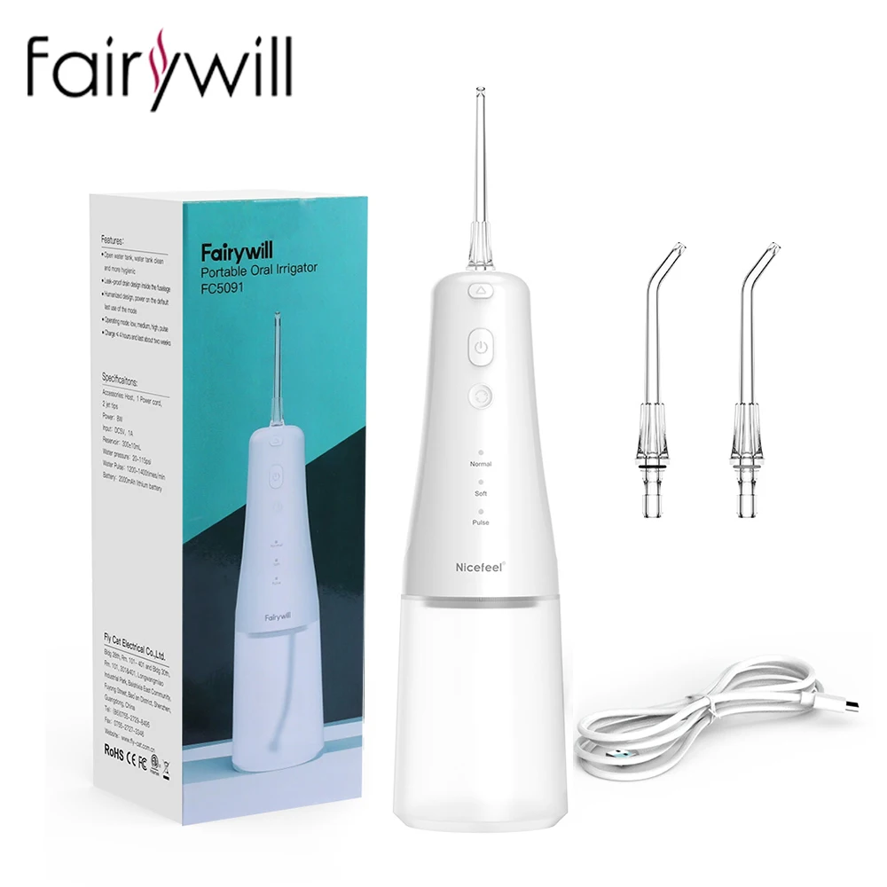

Беспроводной ирригатор Fairywill, 3 режима и 2 сменных насадки, съемный резервуар для воды на 300 мл, Ipx7, водонепроницаемый ирригатор для полости рта