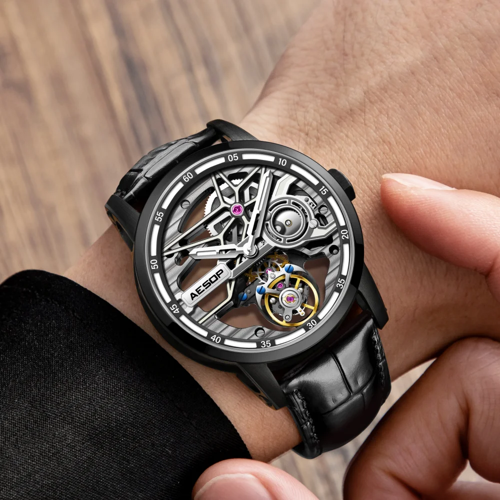 AESOP Men's Luxury Wrist Watch Diamond Flying Tourbillon Mechanical Hand Wind Skeleton Stainless Steel Waterproof Sapphire Clock