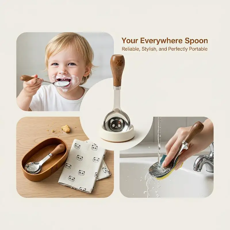 Stainless Steel Short Handle Soup Spoon Cute Panda Pattern Non Slip Handle