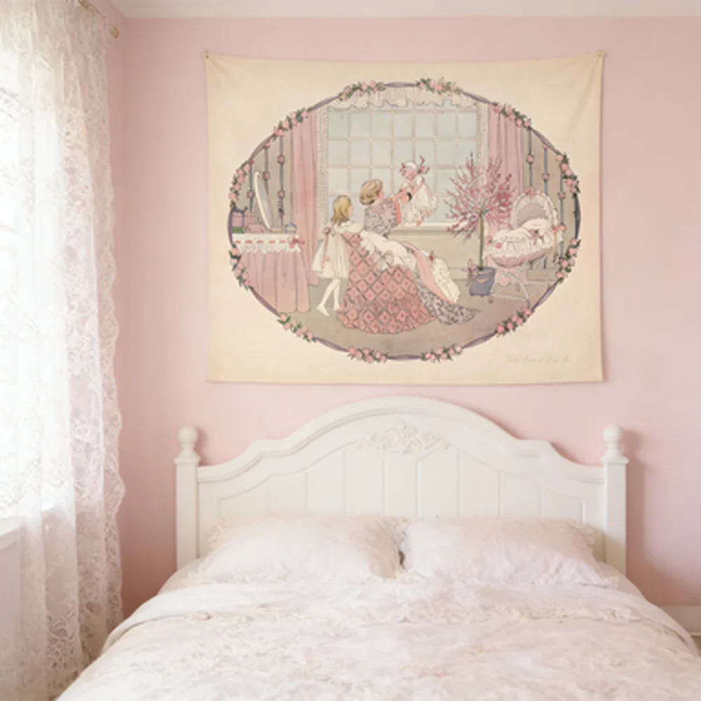 Vintage Fairy Tale Illustration Tapestry Cute Wall Art Backdrop Headboard Hanging Cloth for Bedroom Princess Room Decor