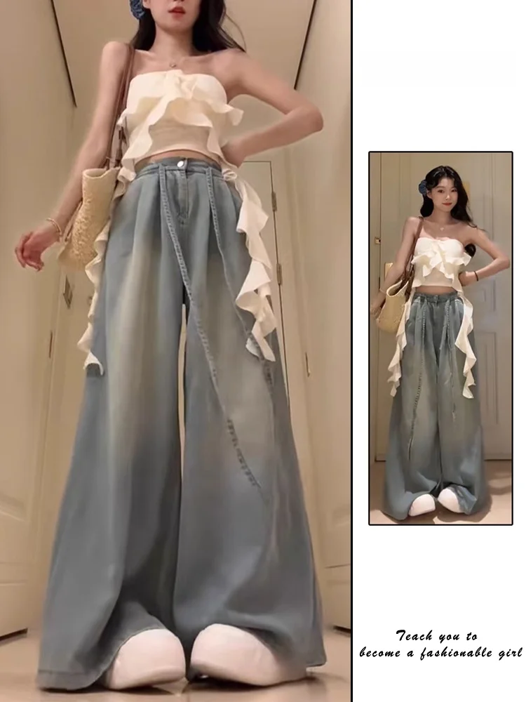 

Голубые винтажные широкие джинсы с завязками, женские летние тонкие драпированные универсальные прямые брюки длиной до пола