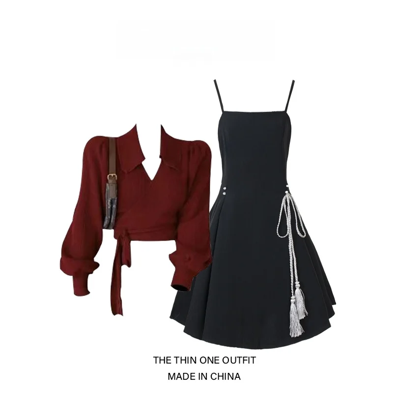 

Retro Faion Set Women's 2025 New Hong Kong Sle Slimming Design Red Top with Slimming Strap Dr Polyester Fiber ort Sl...