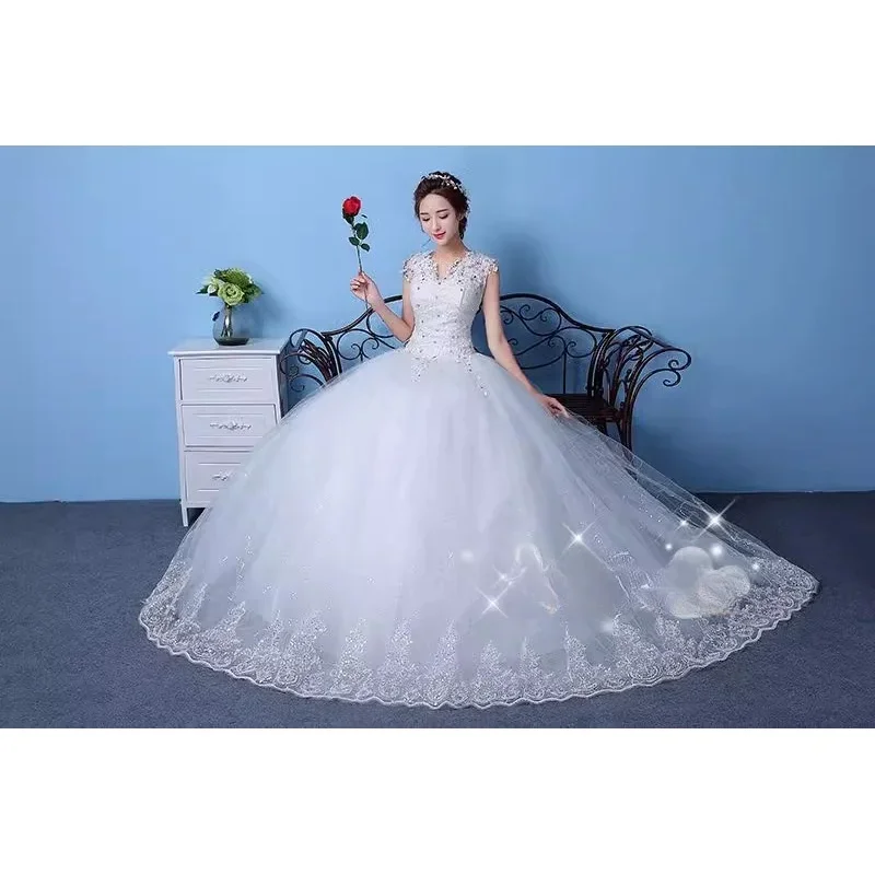 Vestidos De Casamento Bordados De Tule Branco, Decote Em V, Sem Mangas, Lantejoulas De Cristal, Tamanho Grande, Vestidos De Baile Da Noiva, Baratos