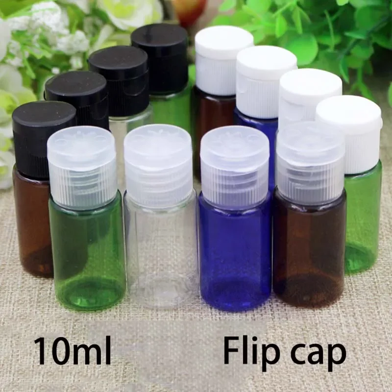 10ml Empty Plastic Bottle with Flip Cap Essential Oil Sample Refillable Travel Packaging Containers Clear Blue Brown Green