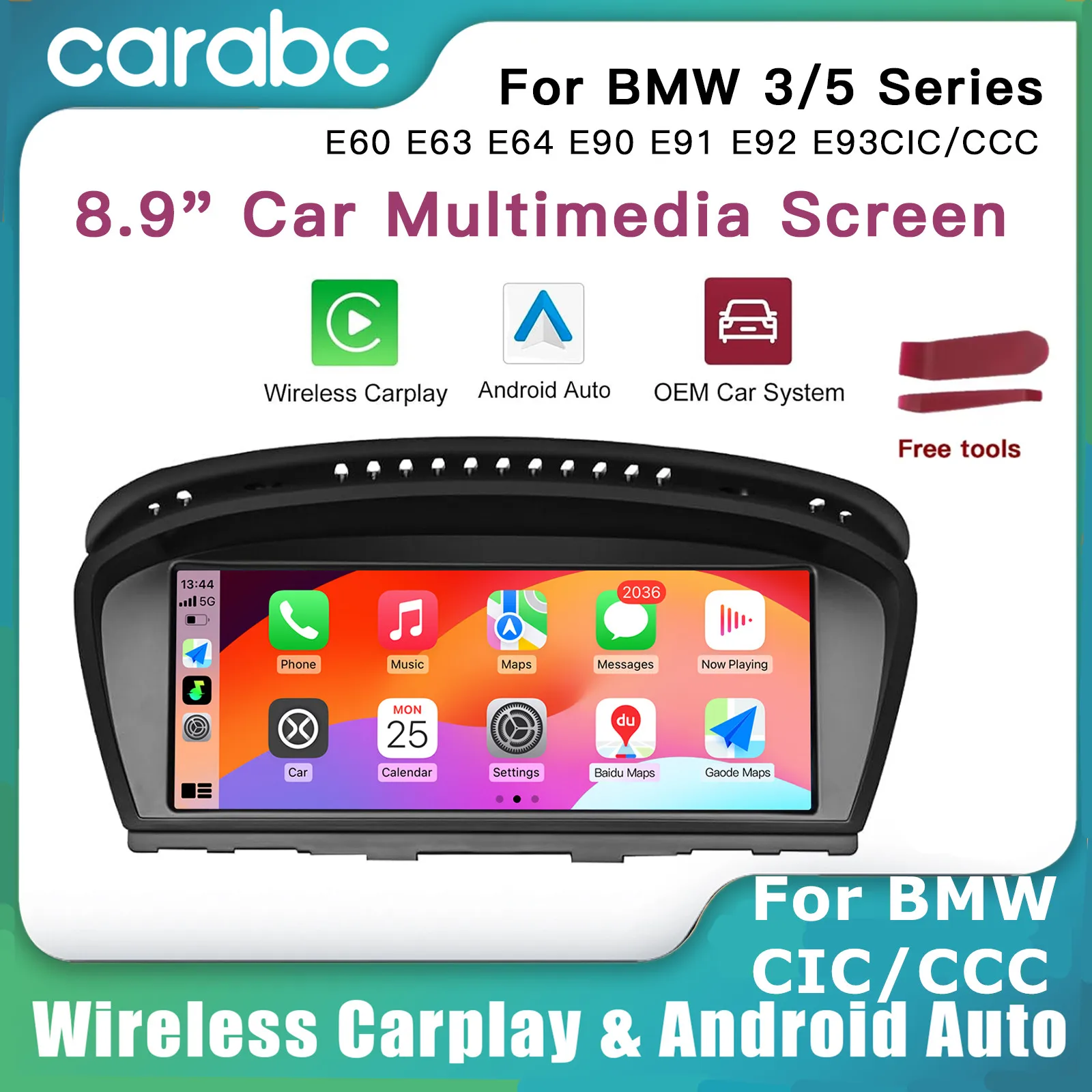 CARABC Wireless Carplay Android Auto 8.9-calowa nawigacja samochodowa dla BMW 3 5 Series E60/E63/E64/E90/E91/E92/E93 2010-2012