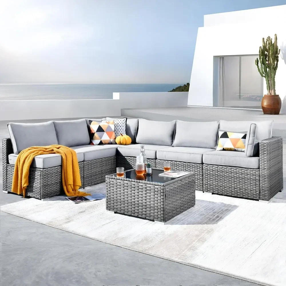 

Outdoor 7 Pc Coversation Set with Coffee Table,Sectional Patio Furniture Set with All-Weather Wicker Sofa,Modern Outside Couch