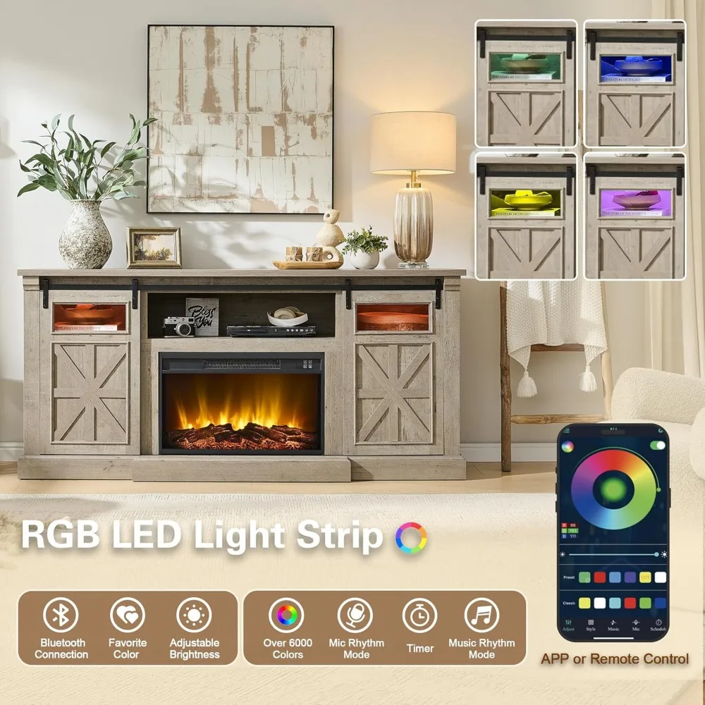 Centro de entretenimiento con chimenea eléctrica para televisores de 80 pulgadas, mesa consola de TV estilo granja de 32 altos