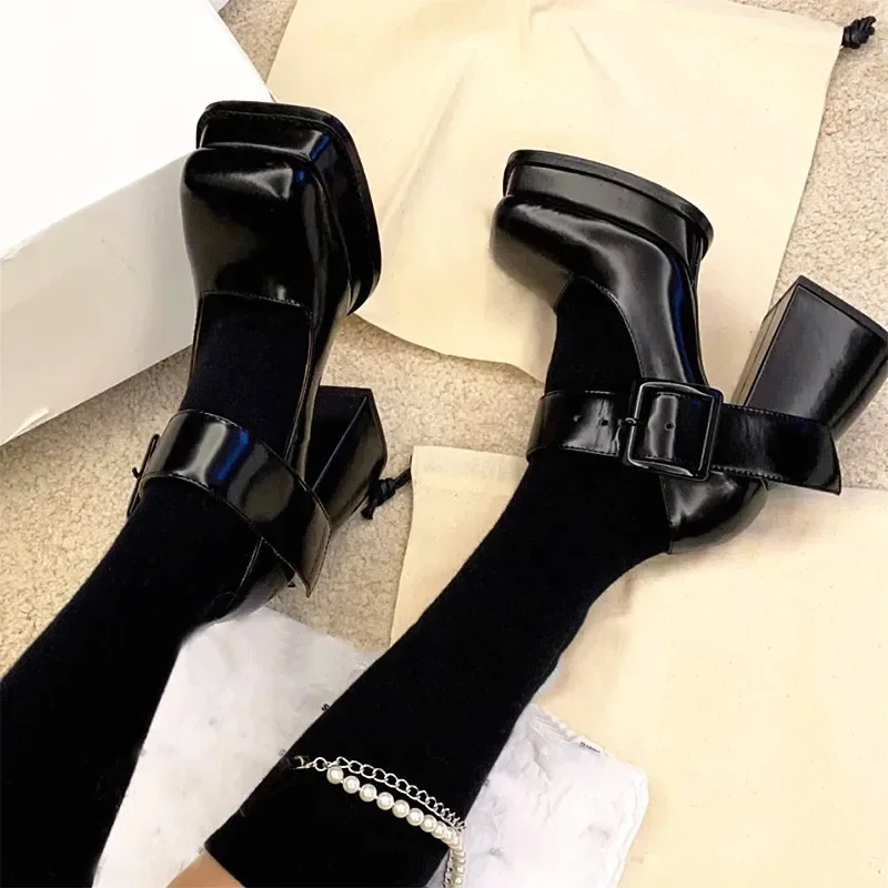 2024 New Gothic High-heeled Shoes Women Pumps Korean Version of The Wild Thick with Square Head Retro  Women\'s Shoes