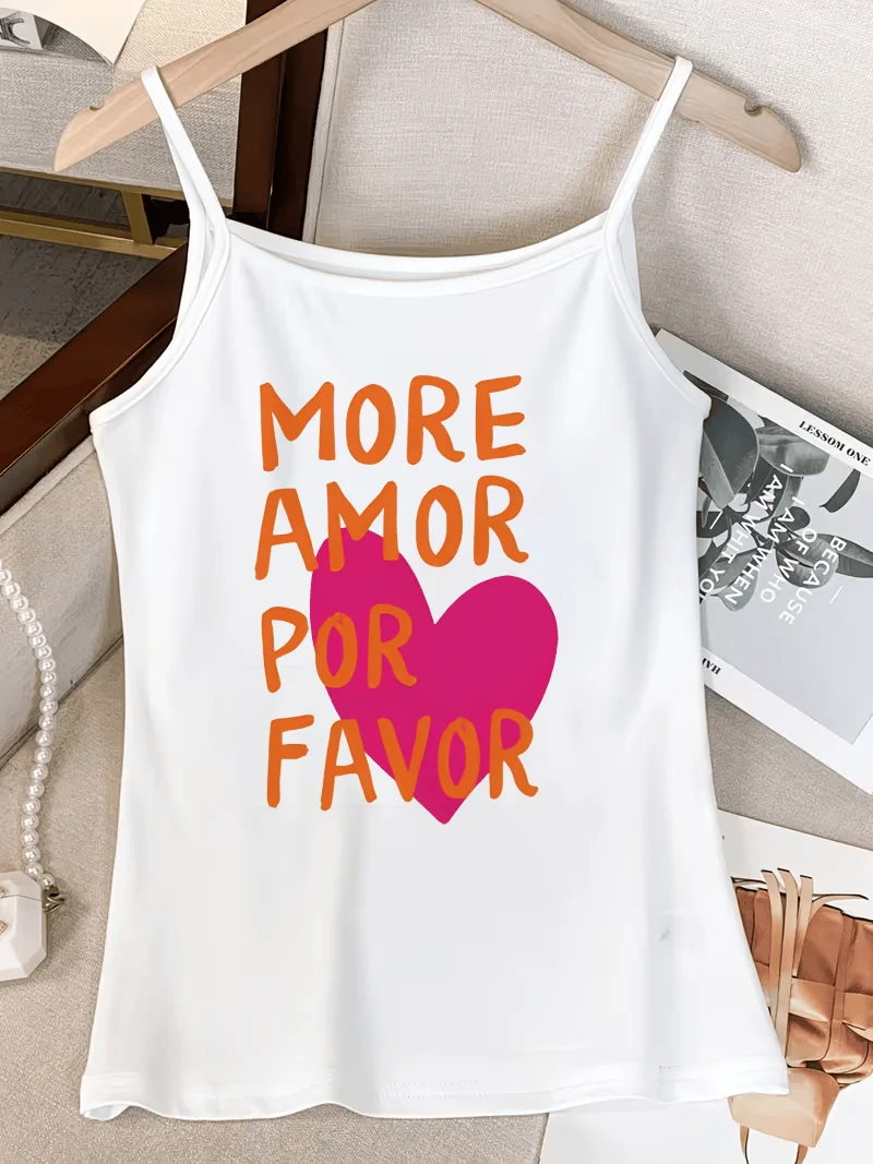 Women Spaghetti Strap Camisole Orange Letter Pink Heart Spanish Slogan Graphic Aesthetic Sleeveless Vacation Spring Summer Top