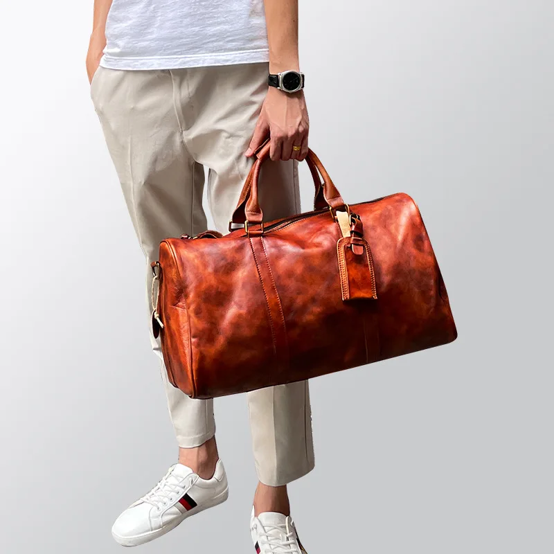 Retro top quality custom vegetable tanning leather travel zip duffel bag men's large capacity duffel leather bag luggage