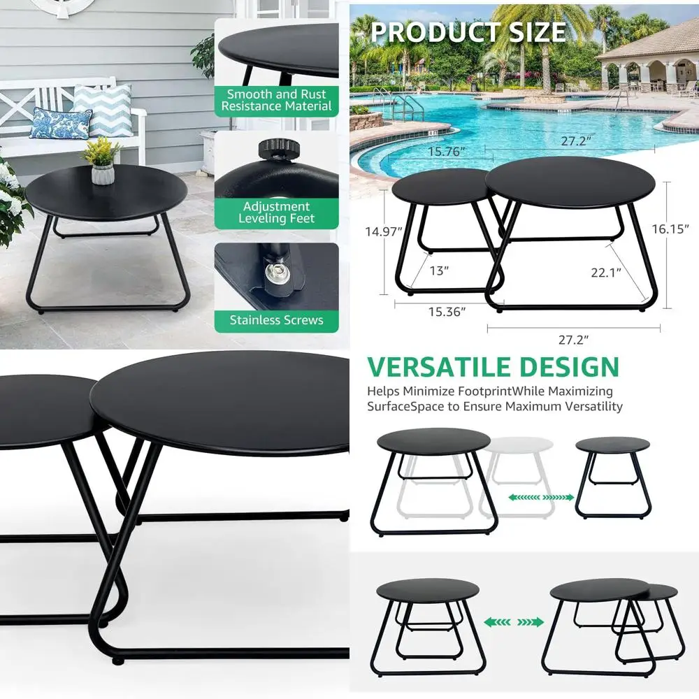 

Черный устойчивый к атмосферным воздействиям стальной журнальный столик для патио, набор из 2 шт., круглые столы-раскладушки для балкона, бистро, использования в помещении