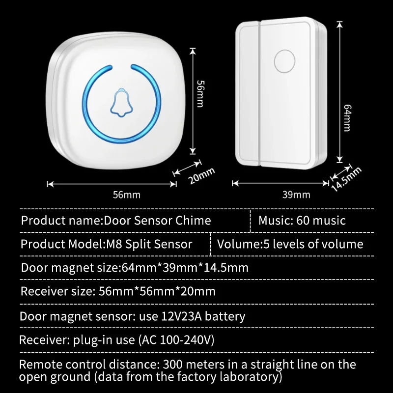 CACAZI Wireless Door Alarm Contact Sensor Door Open Bell 1000 FT Range 60 Chimes LED Indicator for Business 2 Sensors 1 Receiver