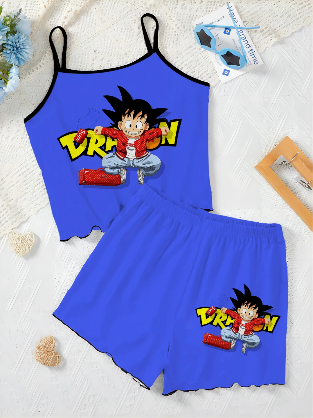 Elegant Women's Sets for Women 2 Pieces Pajama Skirt Slip Dress Son Goku Lettuce Trim Top Two Piece Set T-shirt Dragon Ball Suit