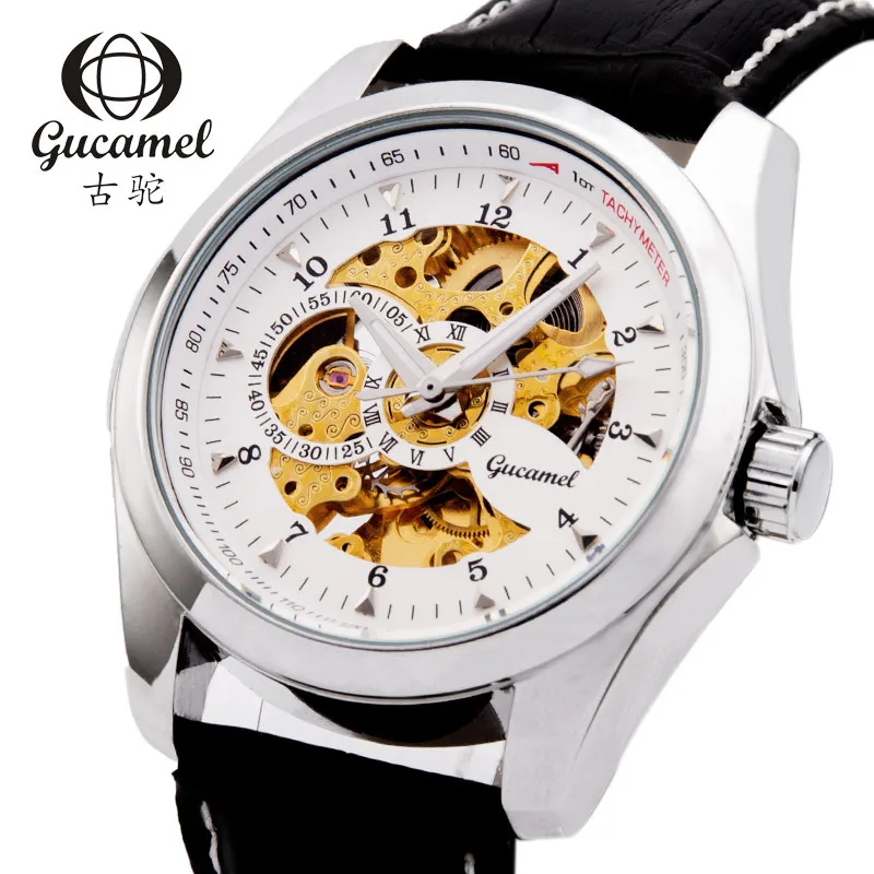 メンズ腕時計-スケルトン自動巻き機械式腕時計、ビジネスレザーストラップドレスウォッチ