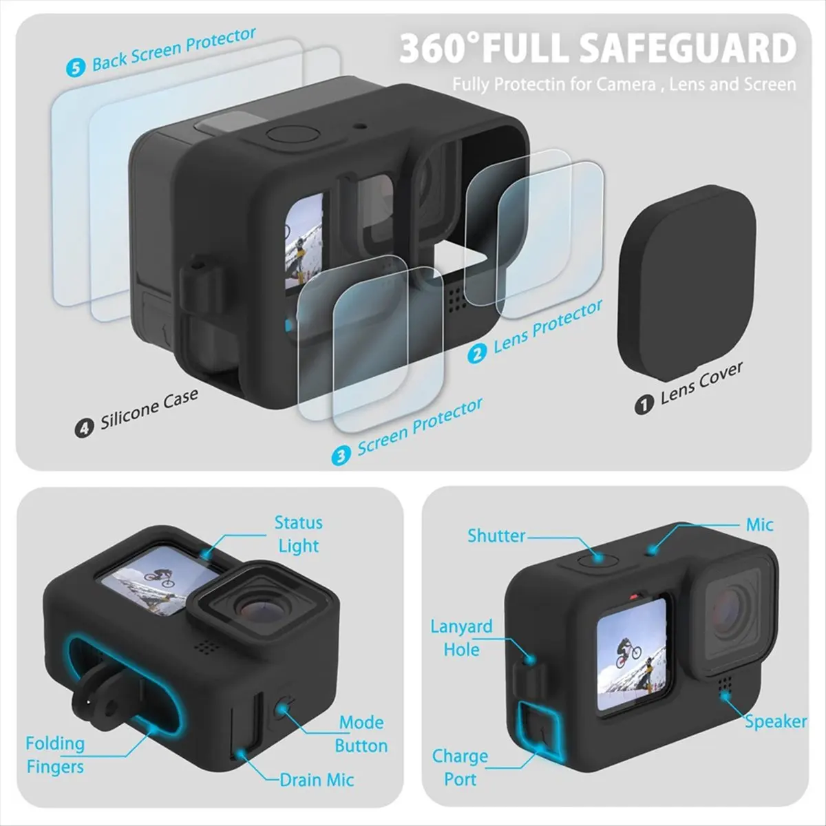 (DT37) Silicone Sleeve Case for Go Pro Hero 12 11 10 9 Battery Side Cover&Screen Protectors& Lens Caps for Go Pro Accessories