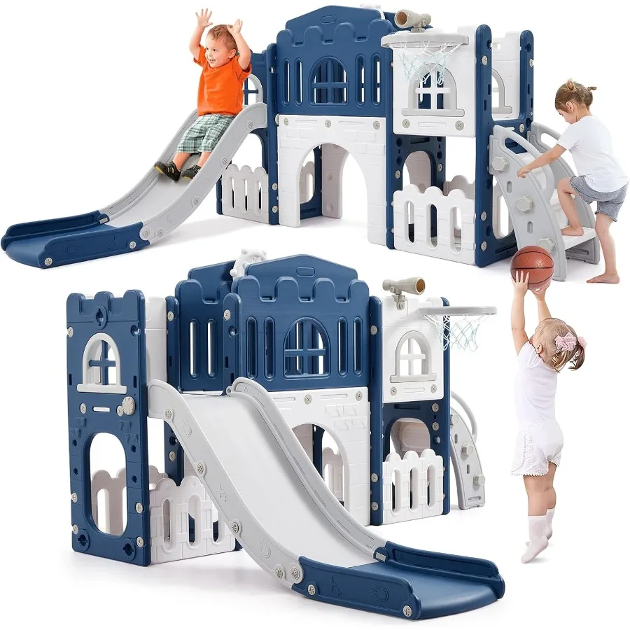 

8 in 1 Toddler Slide Indoor Playground Indoor Slide Toddler Playset for Toddlers 1-3 Outdoor Playground with Basketball Hoop Cl