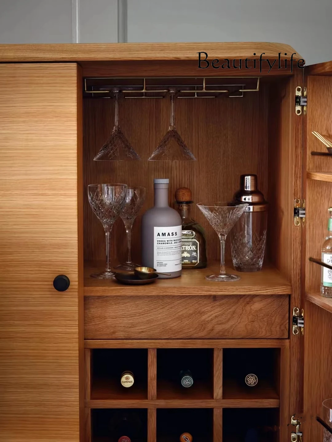 Simple homestay leisure living room dining side solid wood wine cabinet semicircular striped color separation decoration