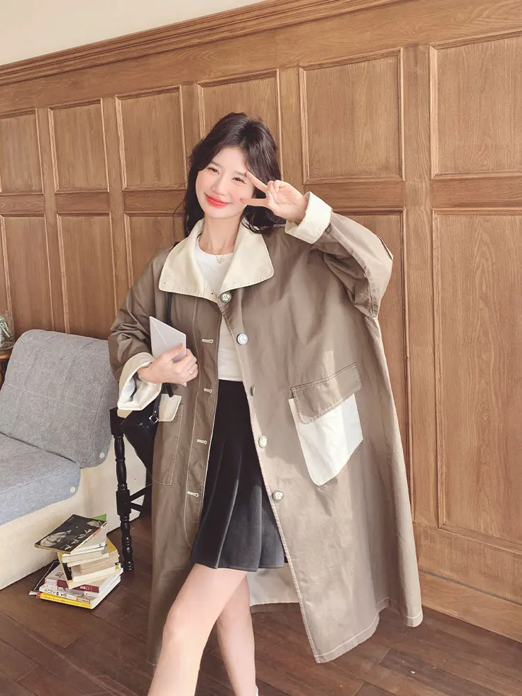 SuperAen Retro Long Trench Coat Contrasting Colors 2026 Spring and Autumn New Women's Korean-style Fashion Overcoat