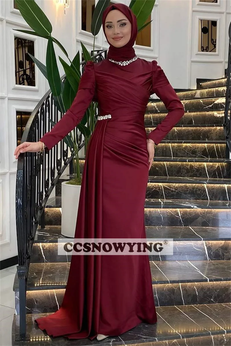 Burgundy Satin Beaded Hijab Muslim Evening Dresses Islamic Long Sleeve Formal Party Gown Women Arabic Dubai Robes De Soirée