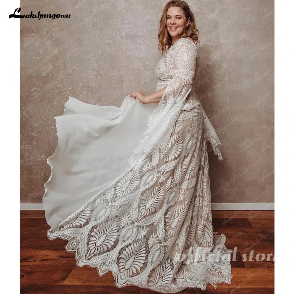 Lakshmigown Bohemian Boho Hochzeitskleid aus Spitze und Chiffon mit langen Ärmeln, offenem Rücken, V-Ausschnitt, Übergröße, Vestidos De Novia, maßgeschneidert. – Detail 5