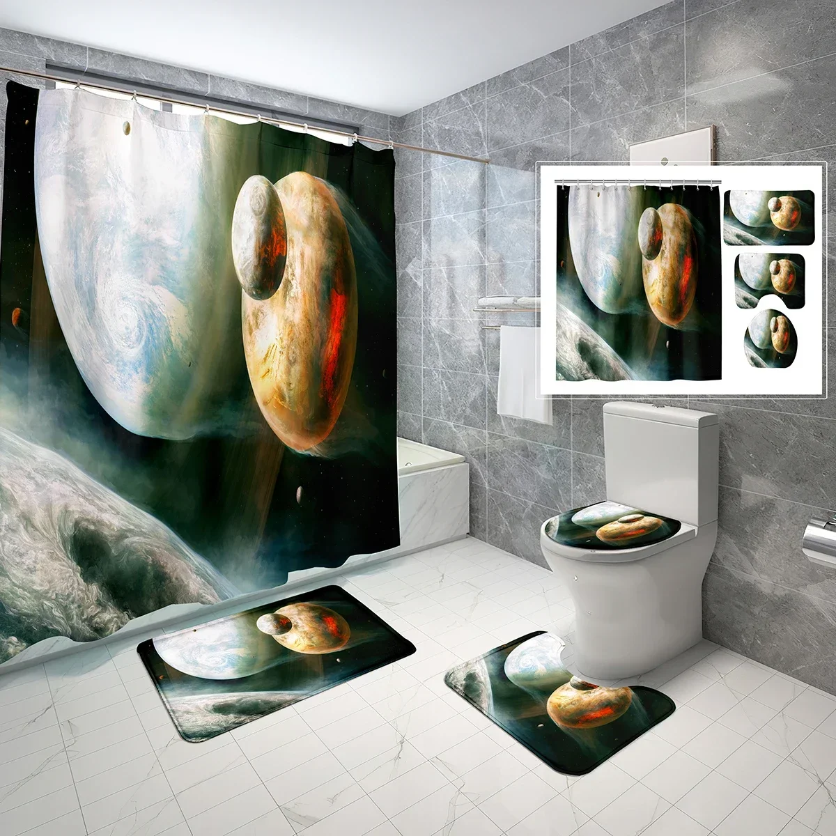 

4 PCS Planet Shower Curtain Sets,Mystery Planet Outer Space Bathroom Waterproof Bath Curtain,Non-Slip Bath Mat Toilet Cover Set