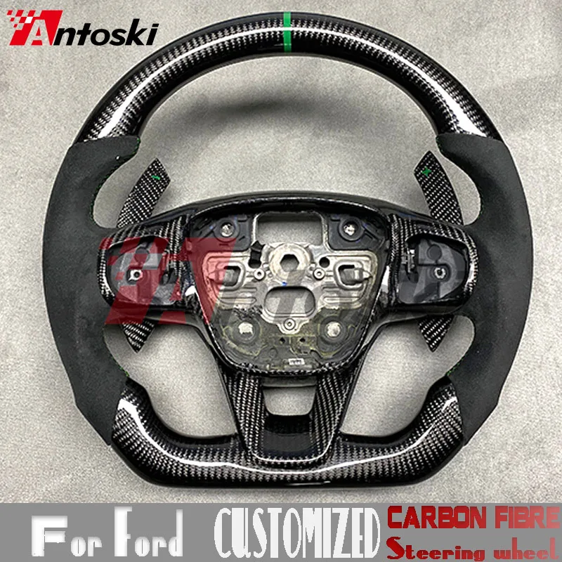 Customized Carbon Fiber Steering Wheel Fit For Ford Focus MK4 2018~2022 Alcantara Shifting Paddle Sport Green Ring